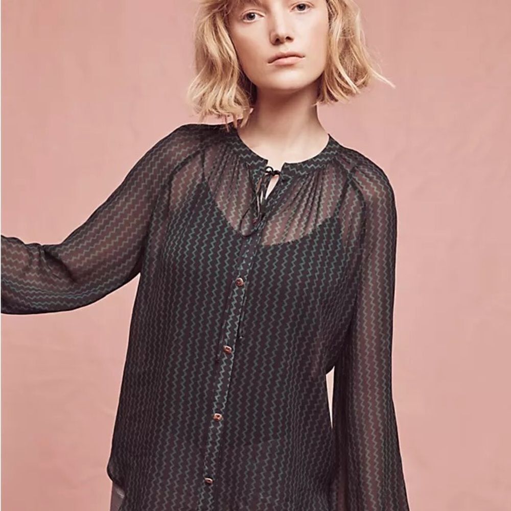 Maeve Anthropologie Black and Green Sheer Chevron Top